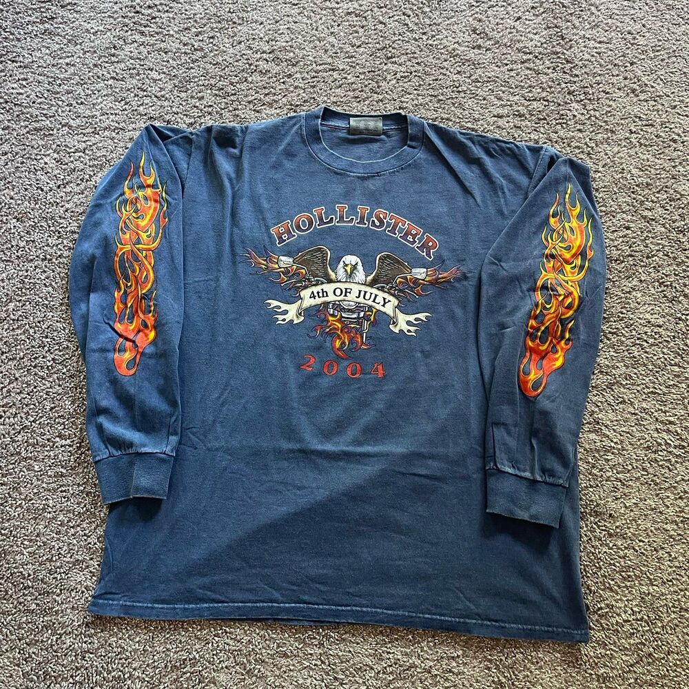 Vintage Hollister Bike Rally Long Sleeve T Shirt Flames Biker Harley Size XL Y2K